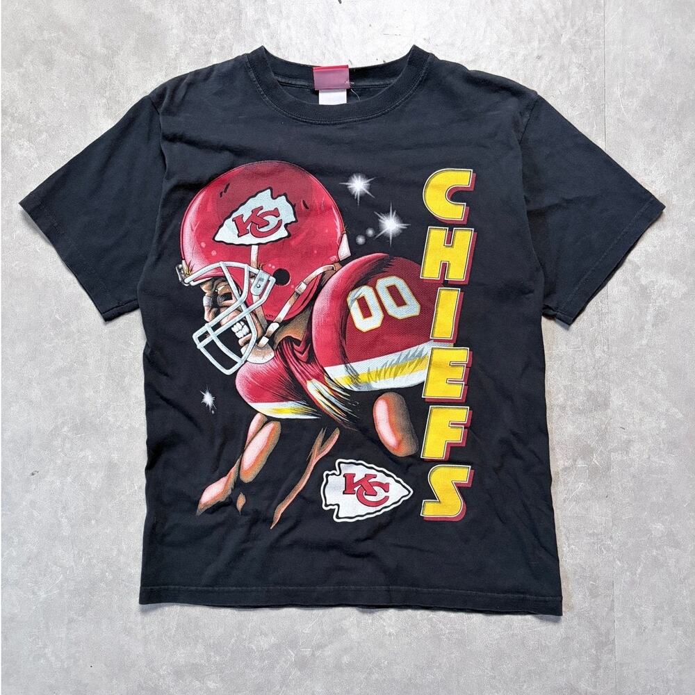 90s Vintage Kansas City Chiefs NFL Big Print Black T-Shirt -M